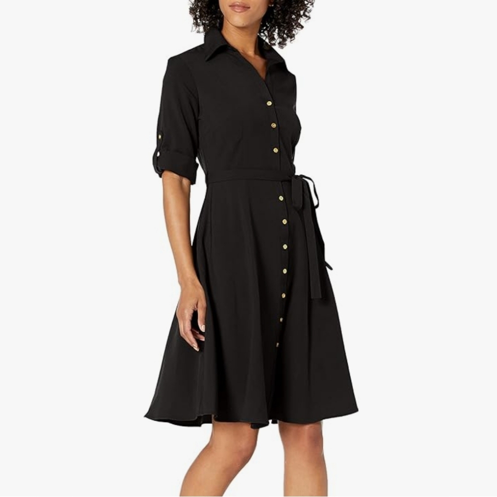 Sharagano Black Fit & Flare Button Detail Dress